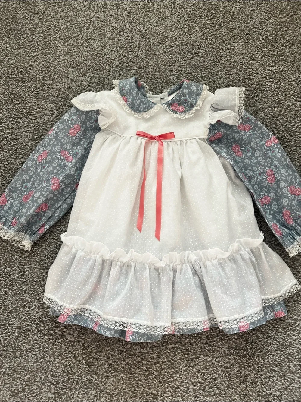 Vitage Peppercorns White & Blue Floral Ruffle Kids Dress with Pink Bow